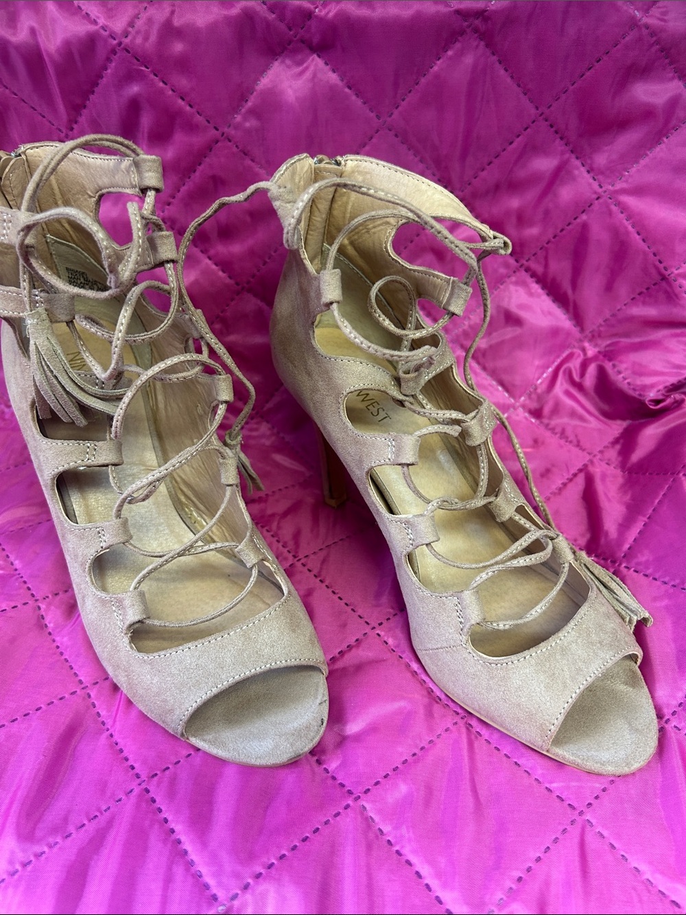 Nine West Lace-Up Peep-Toe Heels in Taupe
